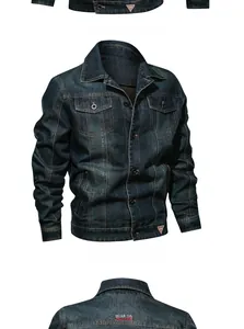 Detail view of heavy wash denim jacket with back embroidery and chest button pockets