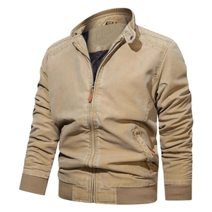 Vintage khaki cotton pilot jacket for men with ribbed collar and zip-up closure