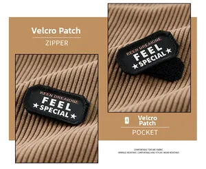 Dettaglio ravvicinato della giacca di velluto a coste marrone con toppa velcro FEEL SPECIAL