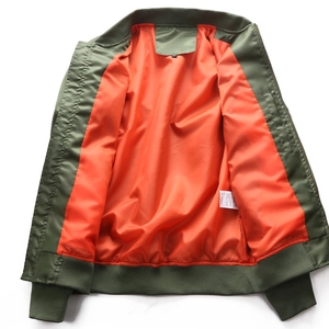 Classic olive green bomber jacket with vibrant orange lining and ribbed cuffs shown flat