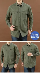 Close-up of army green cotton cargo shirt for men featuring double chest pockets