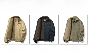 Three men's thermal jackets in khaki, blue and green with warm lamb wool lining detail