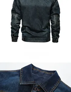 Detailed view of dark blue denim jacket with contrast stitching and metal button accents