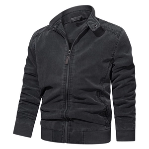 Men's dark grey washed cotton military jacket with stand collar and zipper closure