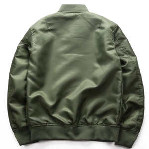 Classic military green bomber jacket with ribbed cuffs shown from a back view