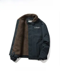 Close-up of navy sherpa-lined workwear jacket with brown fleece collar and A.R.M.Y print