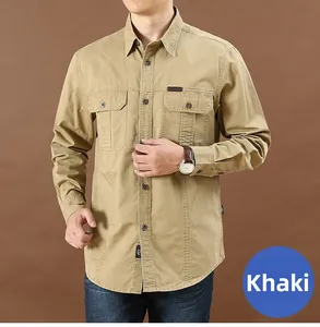 Detail of khaki men's casual shirt featuring dual chest pockets and OUTDOOR label
