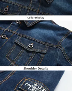 Detail of dark blue denim jacket with contrast stitching and metal spirit button
