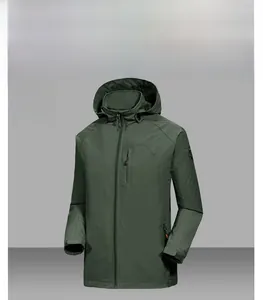 Detail of army green windbreaker featuring chest zip pocket and sleeve emblem badge