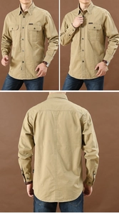 Detail view of khaki long-sleeve casual shirt featuring dual buttoned chest pockets