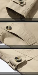 Detail of khaki cotton jacket showing sleeve stitching, side pockets and back waist tabs
