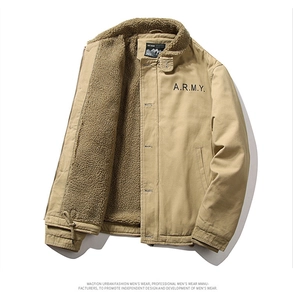 Detail of khaki military style work jacket with warm faux lamb wool collar and ARMY print
