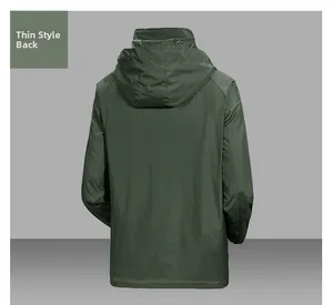 Rear view of lightweight dark green hooded windbreaker jacket with sleek fabric
