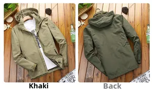 Front and back view of khaki waterproof hooded jacket with functional pockets and velcro cuffs
