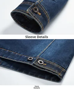 Detailed close-up of dark blue denim jacket cuffs with orange stitching and metal eyelets