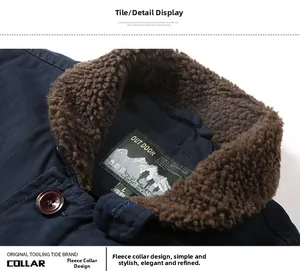 Detail of navy workwear jacket featuring brown sherpa collar and outdoor brand tag