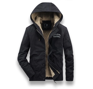 Detail of men's hooded work jacket showing warm beige fleece lining and brand chest print