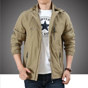 Men's khaki hooded outdoor jacket with multi-pocket design and lightweight fabric