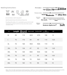 Detailed size chart for loose fit outdoor jacket showing dimensions from M to 6XL