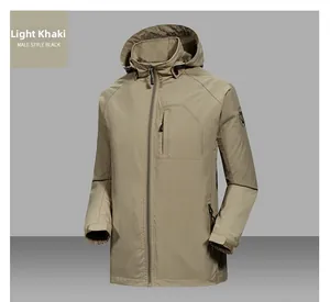 Detail of khaki lightweight hooded jacket with zip pockets and adjustable velcro cuffs