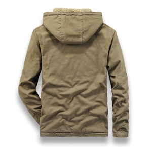 Back view of men's khaki hooded cotton jacket with warm sherpa lining and heavy fabric