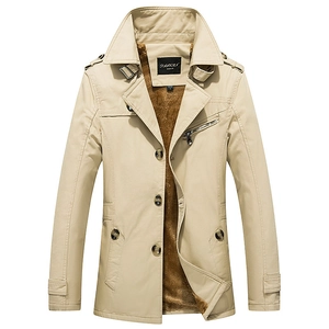 Men's casual mid-length khaki trench coat with thick fleece lining and button closure