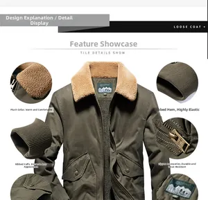 Close-up of military green flight jacket featuring plush collar and ribbed cuffs