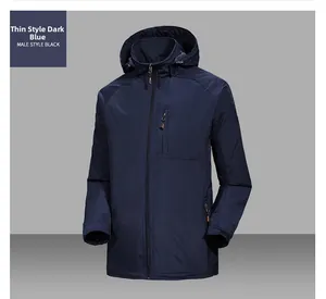 Detail view of deep blue windbreaker with zippered pockets and adjustable velcro cuffs