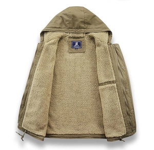 Detail of hooded work jacket with khaki windproof fabric and thick sherpa fleece lining