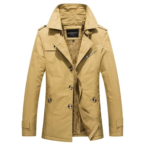 Men's khaki mid-length windbreaker jacket with warm fleece lining and button closure