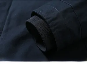 Detailed close-up of heavy-duty windproof double-ribbed cuffs on navy blue pilot jacket