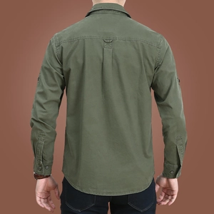 Men's cotton long sleeve army green work shirt featuring back pleat and curved hemline