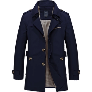Men's navy blue mid-length cotton jacket with epaulettes and checkered lining detail