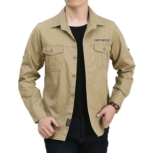 Men's khaki long sleeve cotton work shirt with double chest pockets and outdoor prints