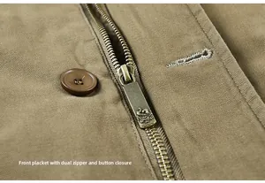 Detailed close-up of khaki cotton jacket showing zipper and button dual closure system