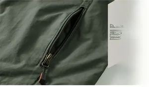 Detail of army green jacket featuring a high-density zipper pocket with pull cord