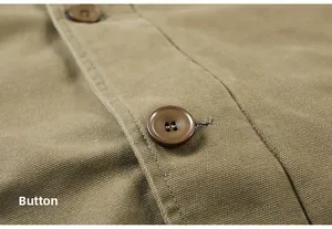 Detailed close-up of khaki canvas jacket featuring high-quality brown urea buttons