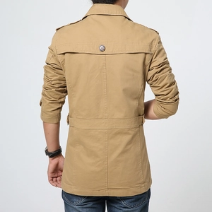 Men's khaki cotton mid-length casual jacket with classic trench shoulder tabs and storm flap