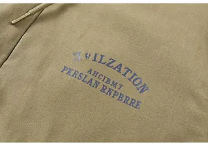 Detailed close-up of olive green canvas jacket fabric with CIVILIZATION lettering