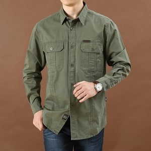Men's Long Sleeve Shirt Cotton Workwear Style Casual Outdoor Tops Solid Color Loose Fit Clothing For Men