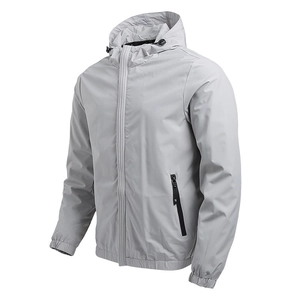 Men's light gray hooded windbreaker jacket with zipper pockets and adjustable drawstring hood