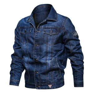 Classic dark blue denim jacket for men featuring retro loose fit and utility pockets