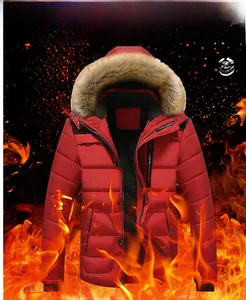 Detailed view of men's red hooded winter parka with thick brown fur collar and lining