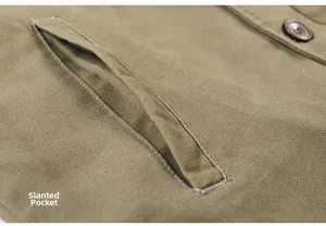 Detail shot of the slanted side pocket on this khaki heavy cotton workwear jacket