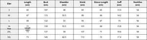 Detailed size chart for men's PU biker jacket with measurements for S to 3XL sizes