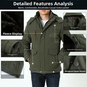 Detail view of winter padded men jacket with warm fleece lining and windproof hood