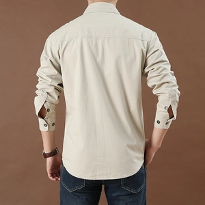 Men's casual khaki long sleeve cotton shirt in relaxed fit with back seam detail