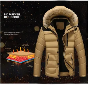 Detail view of khaki thermal hooded parka with faux fur collar and insulation layering