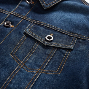 Classic dark blue denim jacket with yellow stitching and metal buttons for men