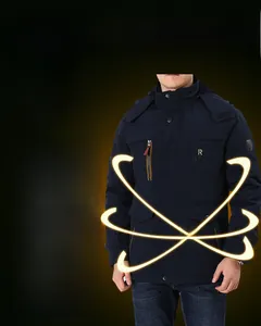 Detail of navy blue winter puffer jacket with warm fleece lining and windproof material